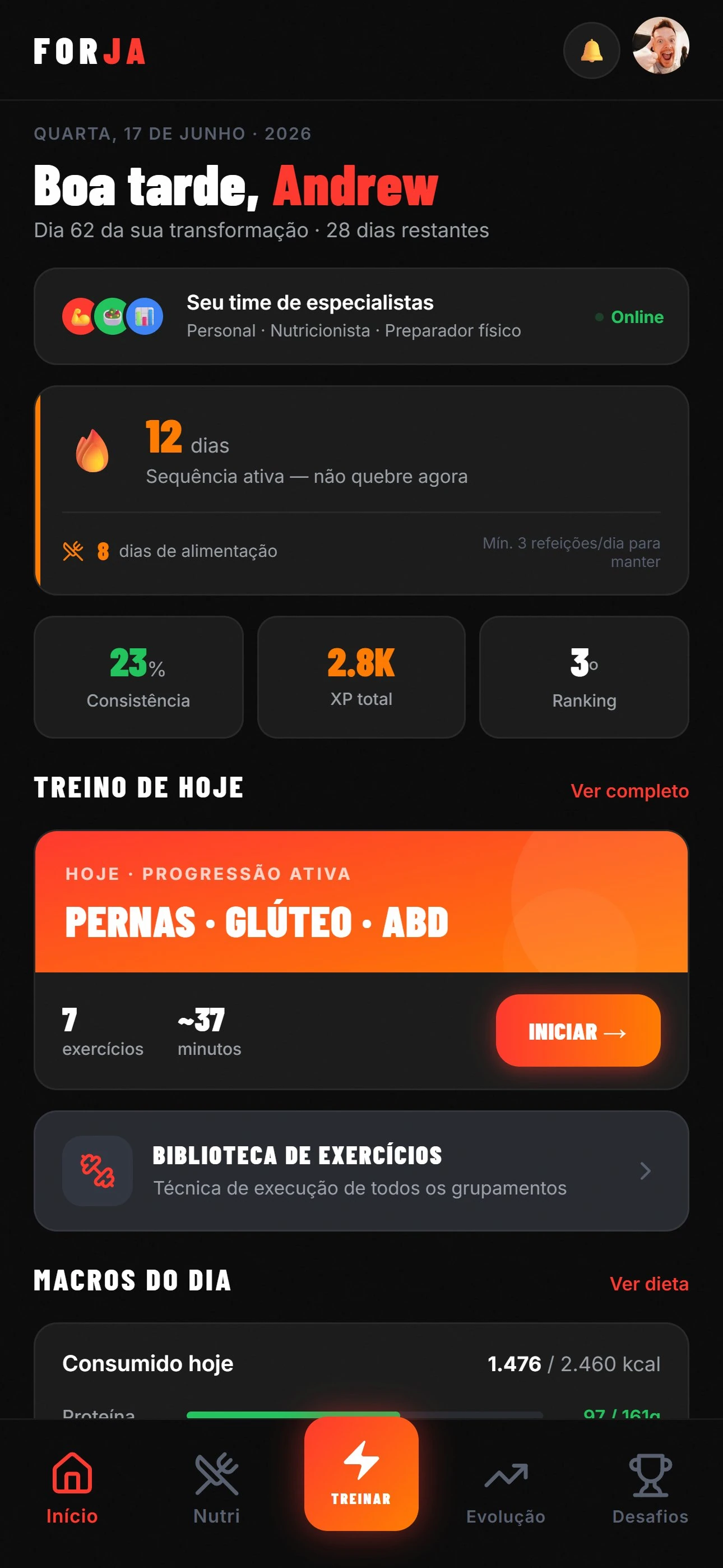 Tela inicial do FORJA: treino do dia e time de especialistas